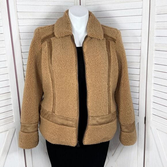 Isaac Mizrahi Faux Sherpa Faux Suede Trim Teddy Coat Tan Large - Picture 5 of 12